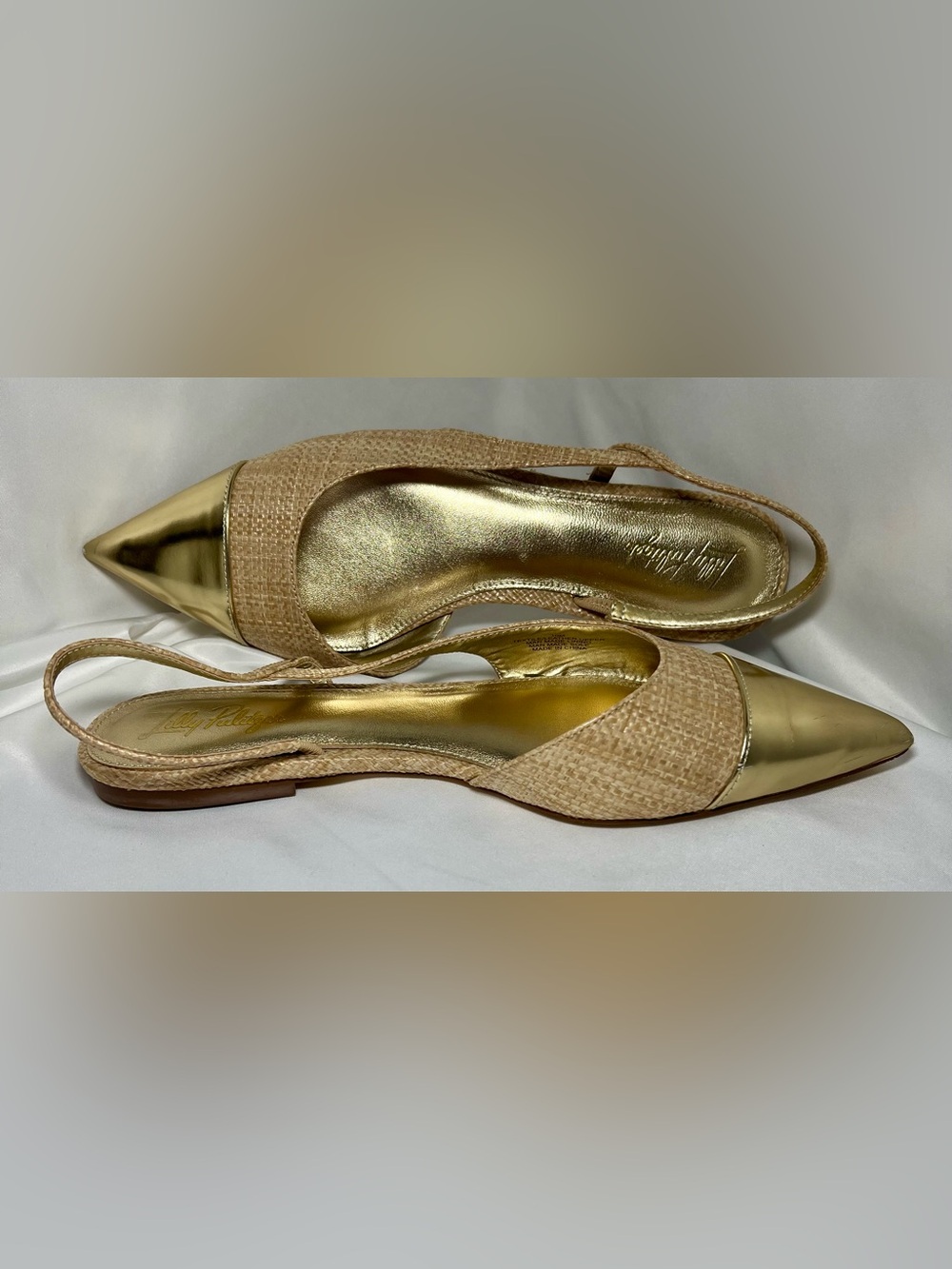Lilly Pulitzer Dorsee Slingback Natural Straw Gold Cap Toe Flats Size 10